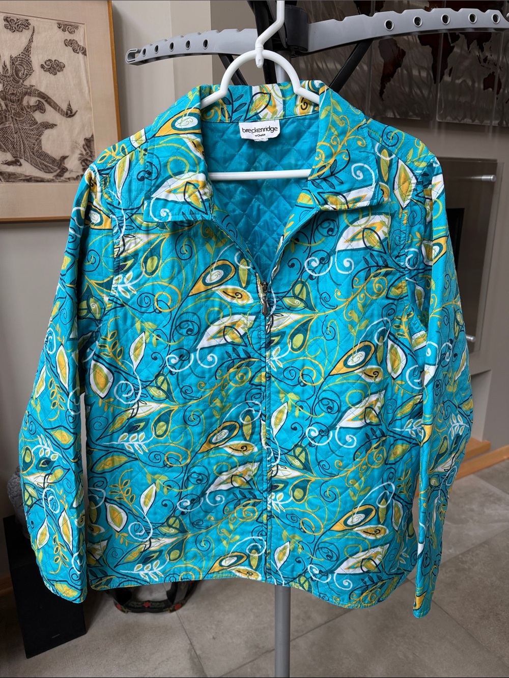 breckenridge Turquoise Quilted Jacket with Yellow Leaf Motif Women’s 2X